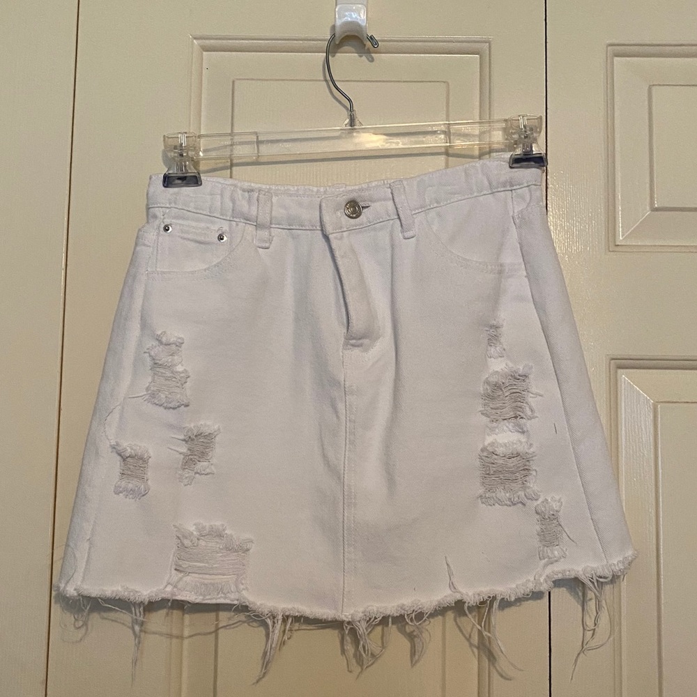 White distressed denim skirt